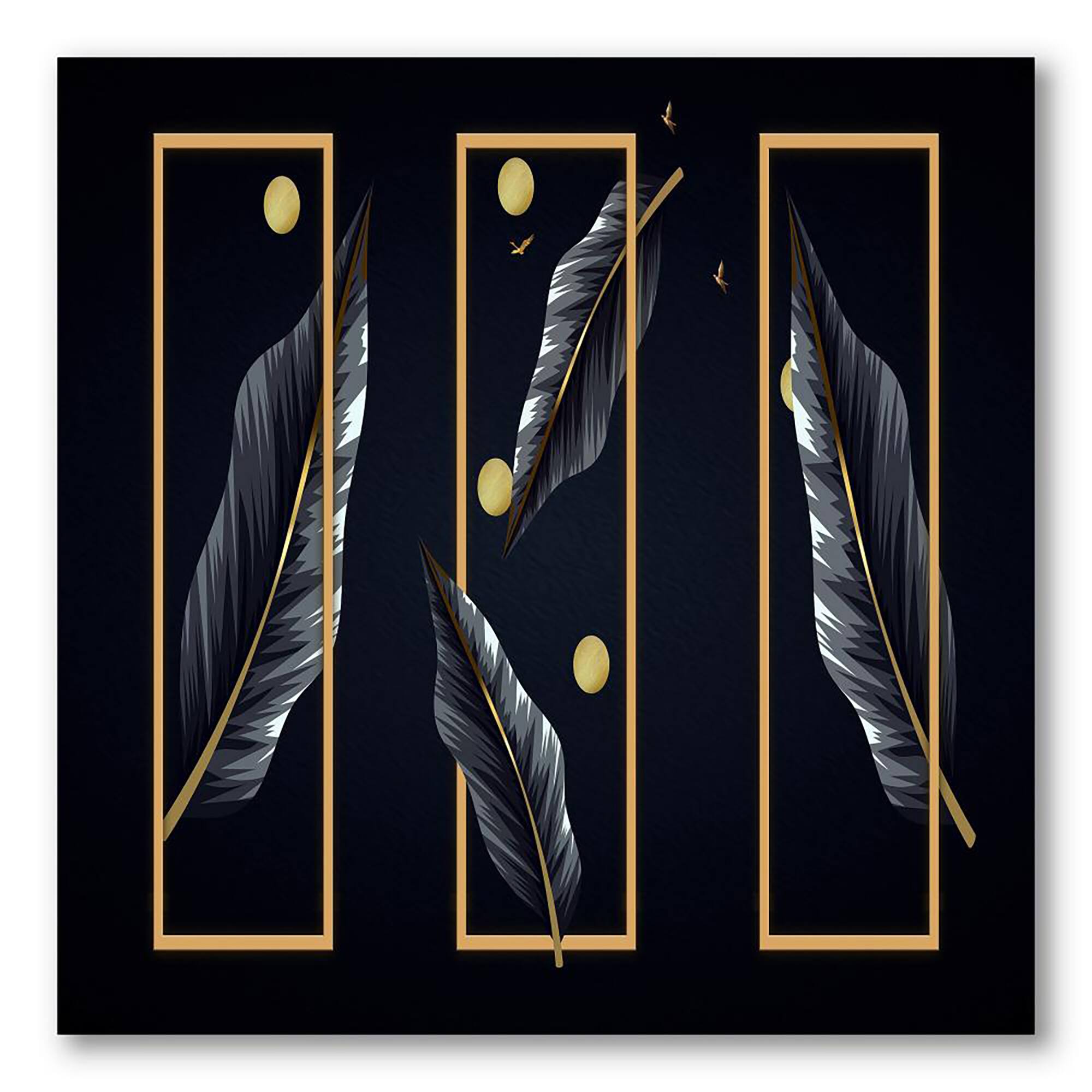 Designart - Black Tropical Leaves With Golden Rectangles